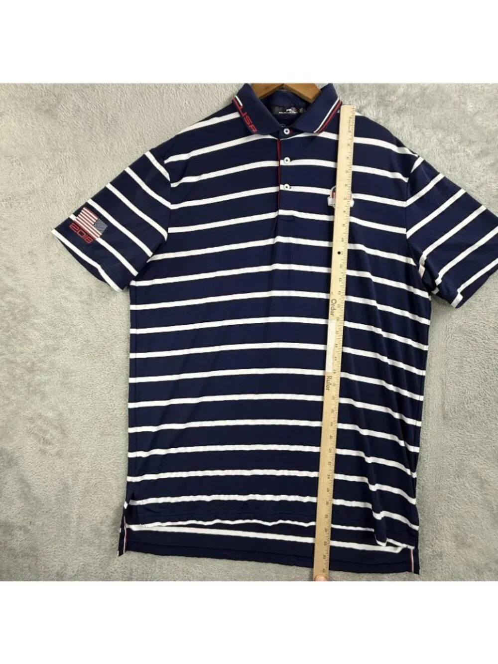RLX Ralph Lauren USA Shirt Men Large Blue Striped Golf Wicking Performance Polo
